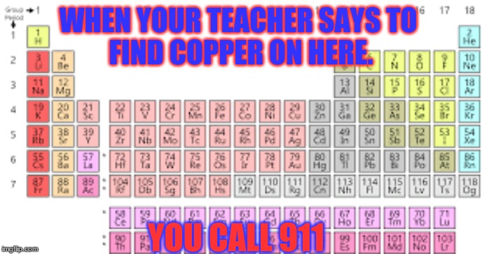 Periodic Table | WHEN YOUR TEACHER SAYS TO 
FIND COPPER ON HERE. YOU CALL 911 | image tagged in periodic table | made w/ Imgflip meme maker