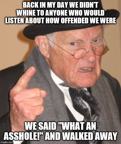 Three words people-"Get over it"! | BACK IN MY DAY WE DIDN'T WHINE TO ANYONE WHO WOULD LISTEN ABOUT HOW OFFENDED WE WERE; WE SAID "WHAT AN ASSHOLE!" AND WALKED AWAY | image tagged in memes,back in my day,offended,snowflakes | made w/ Imgflip meme maker