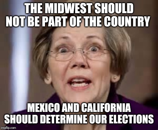 Full Retard Senator Elizabeth Warren | THE MIDWEST SHOULD NOT BE PART OF THE COUNTRY; MEXICO AND CALIFORNIA SHOULD DETERMINE OUR ELECTIONS | image tagged in full retard senator elizabeth warren | made w/ Imgflip meme maker