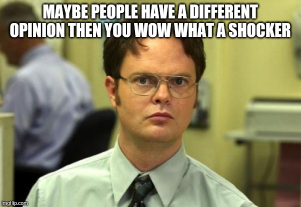 Dwight Schrute Meme | MAYBE PEOPLE HAVE A DIFFERENT OPINION THEN YOU WOW WHAT A SHOCKER | image tagged in memes,dwight schrute | made w/ Imgflip meme maker