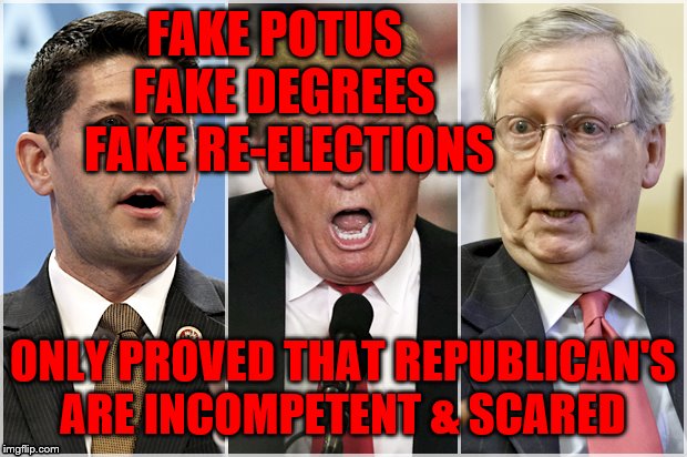 Republicans1234 | FAKE POTUS                       FAKE DEGREES                        FAKE RE-ELECTIONS; ONLY PROVED THAT REPUBLICAN'S ARE INCOMPETENT & SCARED | image tagged in republicans1234 | made w/ Imgflip meme maker