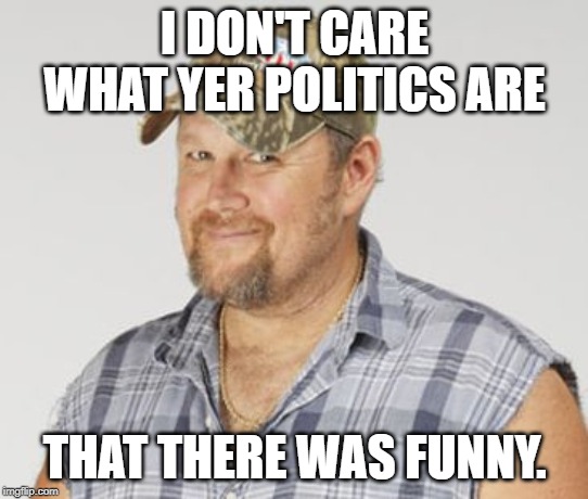 Larry The Cable Guy Meme | I DON'T CARE WHAT YER POLITICS ARE THAT THERE WAS FUNNY. | image tagged in memes,larry the cable guy | made w/ Imgflip meme maker