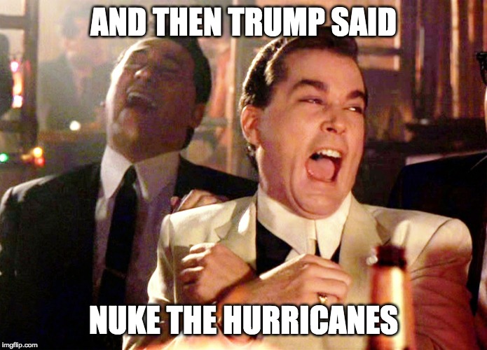 admit it, he's an idiot | AND THEN TRUMP SAID; NUKE THE HURRICANES | image tagged in memes,good fellas hilarious | made w/ Imgflip meme maker