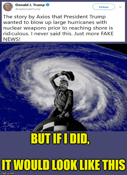 Dr. StrangeTrump | BUT IF I DID,                       IT WOULD LOOK LIKE THIS | image tagged in donald trump,dr strangelove,memes,nuclear bomb,hurricane,fake news | made w/ Imgflip meme maker