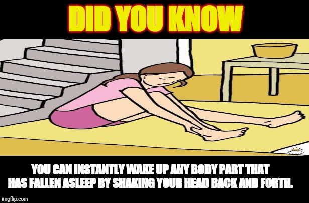 Did you know? | DID YOU KNOW; YOU CAN INSTANTLY WAKE UP ANY BODY PART THAT HAS FALLEN ASLEEP BY SHAKING YOUR HEAD BACK AND FORTH. | image tagged in facts | made w/ Imgflip meme maker