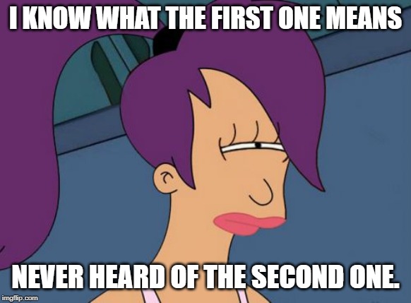 Futurama Leela Meme | I KNOW WHAT THE FIRST ONE MEANS NEVER HEARD OF THE SECOND ONE. | image tagged in memes,futurama leela | made w/ Imgflip meme maker