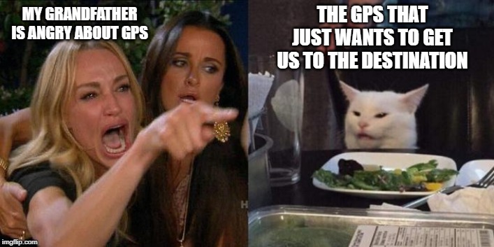 yelling at cat meme | THE GPS THAT JUST WANTS TO GET US TO THE DESTINATION; MY GRANDFATHER IS ANGRY ABOUT GPS | image tagged in yelling at cat meme | made w/ Imgflip meme maker