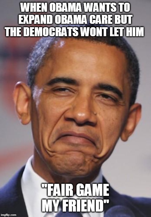 obamas funny face | WHEN OBAMA WANTS TO EXPAND OBAMA CARE BUT THE DEMOCRATS WONT LET HIM; "FAIR GAME MY FRIEND" | image tagged in obamas funny face | made w/ Imgflip meme maker