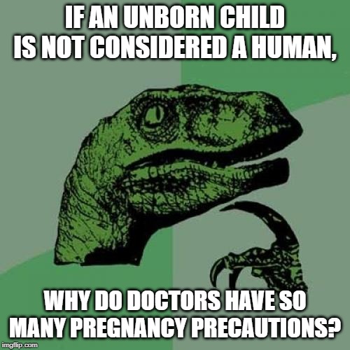 If she miscarries due to smoking, drinking, or other instances, why is it a big deal to the doctor? | IF AN UNBORN CHILD IS NOT CONSIDERED A HUMAN, WHY DO DOCTORS HAVE SO MANY PREGNANCY PRECAUTIONS? | image tagged in memes,philosoraptor | made w/ Imgflip meme maker