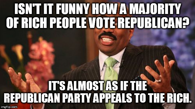 Go figure.... | ISN'T IT FUNNY HOW A MAJORITY OF RICH PEOPLE VOTE REPUBLICAN? IT'S ALMOST AS IF THE REPUBLICAN PARTY APPEALS TO THE RICH. | image tagged in memes,steve harvey,republican,republicans,republican party,rich | made w/ Imgflip meme maker
