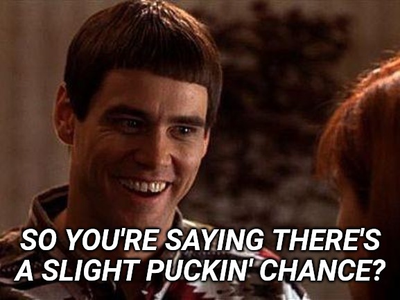 Dumb And Dumber | SO YOU'RE SAYING THERE'S A SLIGHT PUCKIN' CHANCE? | image tagged in dumb and dumber | made w/ Imgflip meme maker