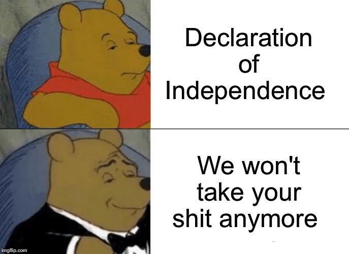 Tuxedo Winnie The Pooh Meme | Declaration of Independence; We won't take your shit anymore | image tagged in memes,tuxedo winnie the pooh | made w/ Imgflip meme maker