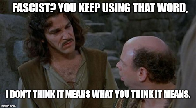 Fascist used so often that certain people apply it to anyone as a generalized insult. | FASCIST? YOU KEEP USING THAT WORD, I DON'T THINK IT MEANS WHAT YOU THINK IT MEANS. | image tagged in princess bride,fascist,fascism,fascist hypocrisy,sheeple,cult mindset | made w/ Imgflip meme maker
