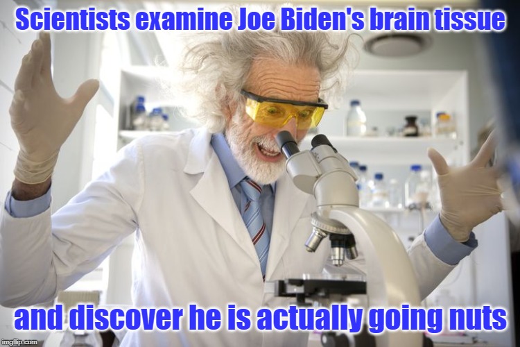 Joe Biden is going nuts |  Scientists examine Joe Biden's brain tissue; and discover he is actually going nuts | image tagged in joe biden,joe bidens brain,going nuts | made w/ Imgflip meme maker
