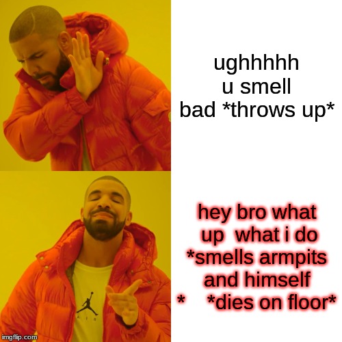 Drake Hotline Bling | ughhhhh u smell bad *throws up*; hey bro what  up  what i do *smells armpits and himself *    *dies on floor* | image tagged in memes,drake hotline bling | made w/ Imgflip meme maker