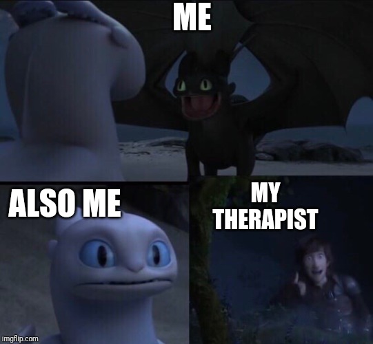 How to train your dragon 3 | ME; MY THERAPIST; ALSO ME | image tagged in how to train your dragon 3 | made w/ Imgflip meme maker