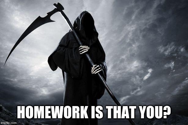 Death | HOMEWORK IS THAT YOU? | image tagged in death | made w/ Imgflip meme maker