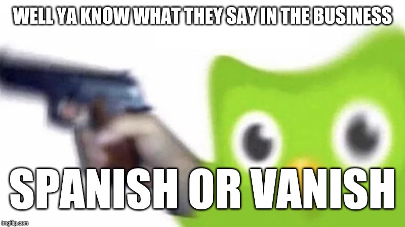 WELL YA KNOW WHAT THEY SAY IN THE BUSINESS SPANISH OR VANISH | image tagged in duolingo gun | made w/ Imgflip meme maker
