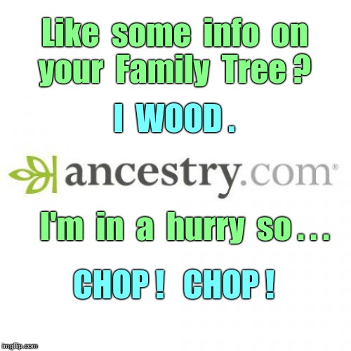 I'M SOOO BOARD!! | Like  some  info  on
your  Family  Tree ? I  WOOD . I'm  in  a  hurry  so . . . CHOP !   CHOP ! | image tagged in memes,rick75230,genealogy | made w/ Imgflip meme maker