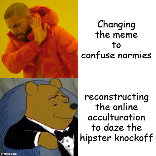 i cant meme | Changing the meme to confuse normies; reconstructing the online acculturation to daze the hipster knockoff | image tagged in memes,drake hotline bling | made w/ Imgflip meme maker