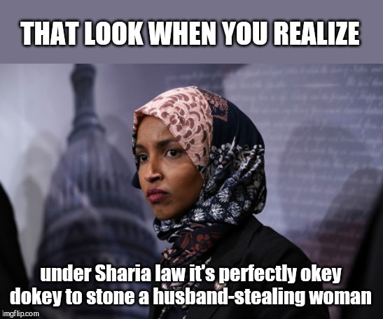 Ilhan Omar | THAT LOOK WHEN YOU REALIZE; under Sharia law it's perfectly okey dokey to stone a husband-stealing woman | image tagged in ilhan omar,blamed for divorce,marital affair,tim mynett,adultery charge | made w/ Imgflip meme maker