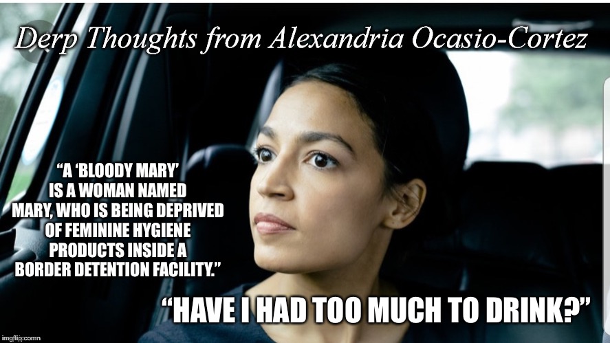 AOC should know about Bloody Mary. She WAS a bartender, but maybe she will be again soon. | “A ‘BLOODY MARY’ IS A WOMAN NAMED MARY, WHO IS BEING DEPRIVED OF FEMININE HYGIENE PRODUCTS INSIDE A BORDER DETENTION FACILITY.”; “HAVE I HAD TOO MUCH TO DRINK?” | image tagged in derp thoughts from aoc,memes,border,mary,bloody,drinking | made w/ Imgflip meme maker