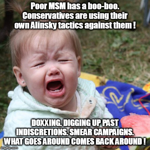 Fake News media can dish it out with gusto, but can't never take it! | Poor MSM has a boo-boo. Conservatives are using their own Alinsky tactics against them ! DOXXING. DIGGING UP PAST INDISCRETIONS. SMEAR CAMPAIGNS. WHAT GOES AROUND COMES BACK AROUND ! | image tagged in fake news,msm,crybabies | made w/ Imgflip meme maker