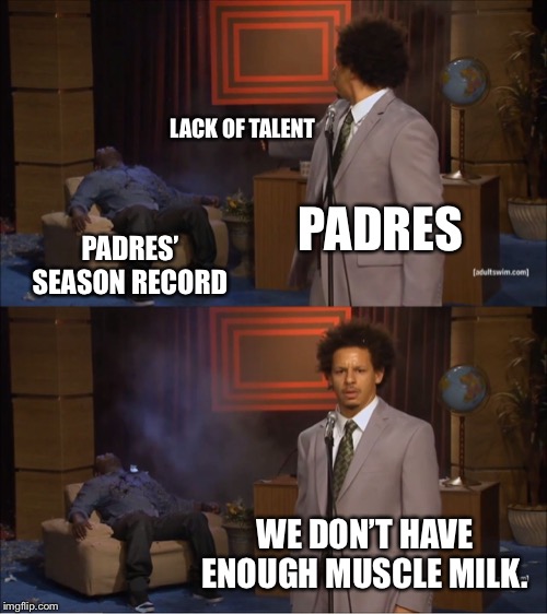 Muscle milk does not equal talent | LACK OF TALENT; PADRES; PADRES’ SEASON RECORD; WE DON’T HAVE ENOUGH MUSCLE MILK. | image tagged in memes,who killed hannibal,san diego padres,suck,milk,drinking | made w/ Imgflip meme maker
