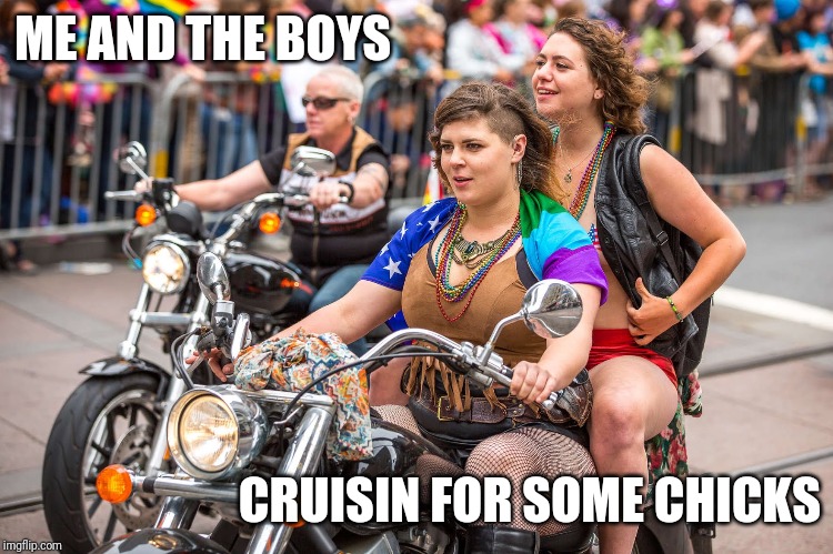 Cruisin for some chicks |  ME AND THE BOYS; CRUISIN FOR SOME CHICKS | image tagged in lesbians,me and the boys,cruisin,fat chicks,women,harley davidson | made w/ Imgflip meme maker
