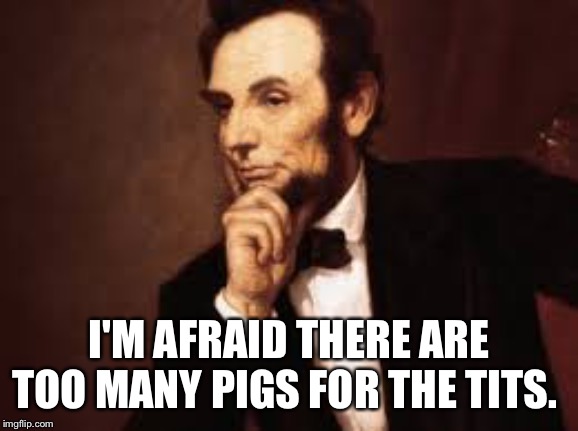 Abe Lincoln |  I'M AFRAID THERE ARE TOO MANY PIGS FOR THE TITS. | image tagged in abe lincoln | made w/ Imgflip meme maker