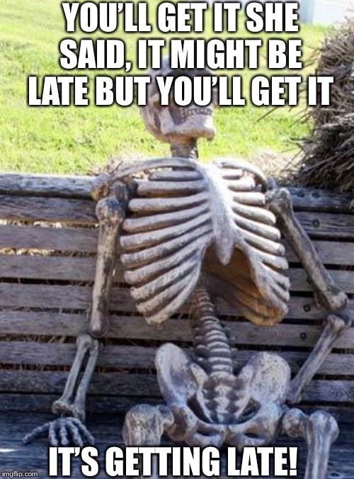 Waiting Skeleton Meme | YOU’LL GET IT SHE SAID, IT MIGHT BE LATE BUT YOU’LL GET IT; IT’S GETTING LATE! | image tagged in memes,waiting skeleton | made w/ Imgflip meme maker