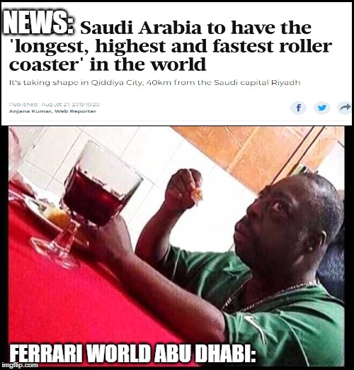 black man eating | NEWS:; FERRARI WORLD ABU DHABI: | image tagged in black man eating | made w/ Imgflip meme maker