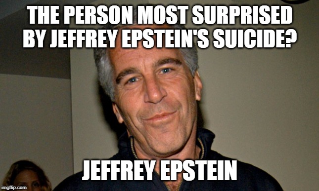 "Shocking" news | THE PERSON MOST SURPRISED BY JEFFREY EPSTEIN'S SUICIDE? JEFFREY EPSTEIN | image tagged in jeffrey epstein,memes,suicide,murder,cover up | made w/ Imgflip meme maker