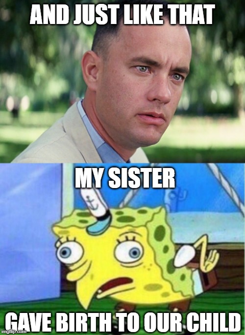 AND JUST LIKE THAT; MY SISTER; GAVE BIRTH TO OUR CHILD | image tagged in memes,and just like that,mocking spongebob | made w/ Imgflip meme maker