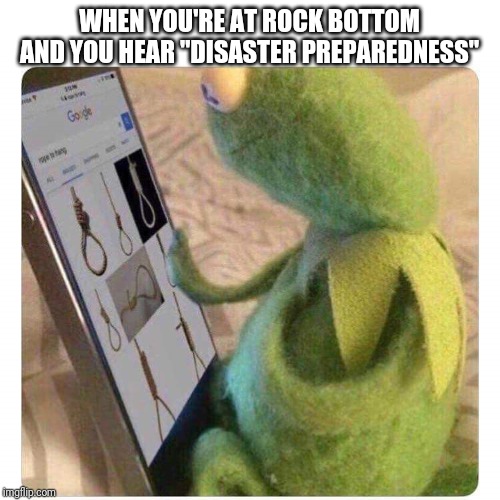 Noose Shopping | WHEN YOU'RE AT ROCK BOTTOM AND YOU HEAR "DISASTER PREPAREDNESS" | image tagged in noose shopping | made w/ Imgflip meme maker