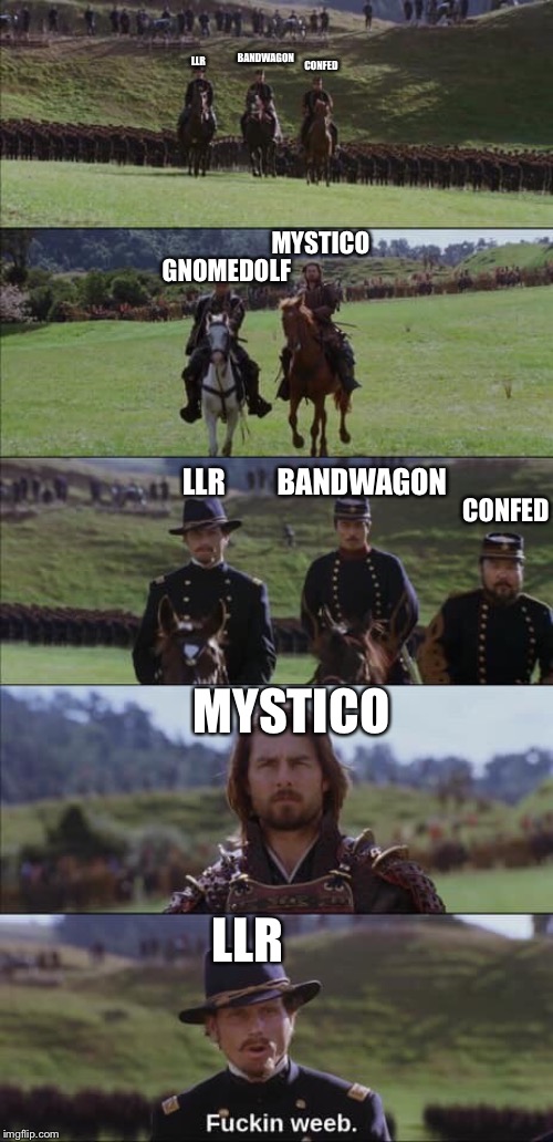 BANDWAGON; CONFED; LLR; MYSTICO; GNOMEDOLF; BANDWAGON; LLR; CONFED; MYSTICO; LLR | made w/ Imgflip meme maker