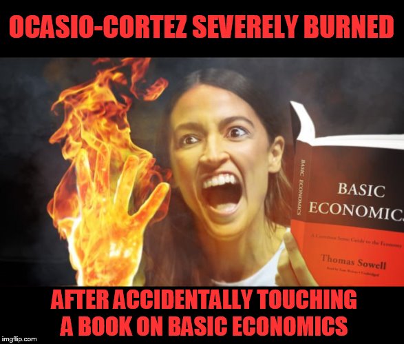 Aieeee! It burns | OCASIO-CORTEZ SEVERELY BURNED; AFTER ACCIDENTALLY TOUCHING A BOOK ON BASIC ECONOMICS | image tagged in memes,alexandria ocasio-cortez,ocasio-cortez,economics,politics,the babylon bee | made w/ Imgflip meme maker
