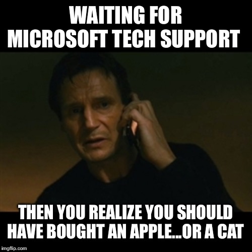 Liam Neeson Taken Meme | WAITING FOR MICROSOFT TECH SUPPORT; THEN YOU REALIZE YOU SHOULD HAVE BOUGHT AN APPLE...OR A CAT | image tagged in memes,liam neeson taken,cats | made w/ Imgflip meme maker
