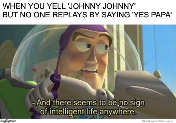 Johnny Johnny No Papa | WHEN YOU YELL 'JOHNNY JOHNNY' BUT NO ONE REPLAYS BY SAYING 'YES PAPA' | image tagged in buzz lightyear no intelligent life,johnny johnny,memes | made w/ Imgflip meme maker