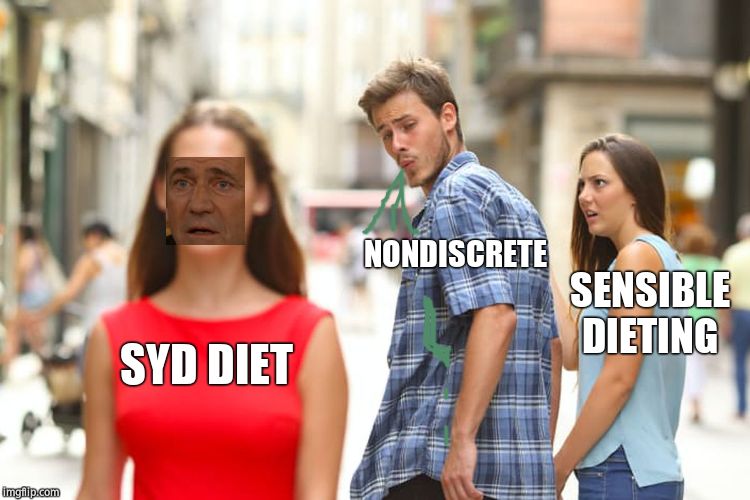 Distracted Boyfriend Meme | SYD DIET NONDISCRETE SENSIBLE DIETING | image tagged in memes,distracted boyfriend | made w/ Imgflip meme maker