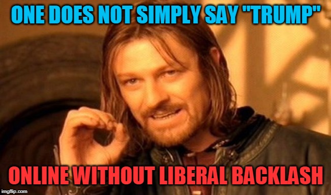 One Does Not Simply | ONE DOES NOT SIMPLY SAY "TRUMP"; ONLINE WITHOUT LIBERAL BACKLASH | image tagged in memes,one does not simply | made w/ Imgflip meme maker