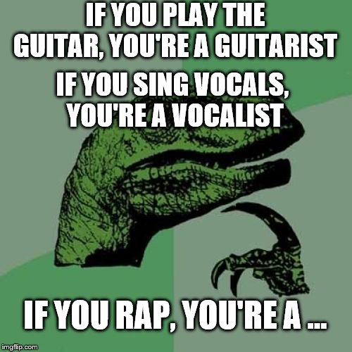Philosoraptor | IF YOU PLAY THE GUITAR, YOU'RE A GUITARIST; IF YOU SING VOCALS,  YOU'RE A VOCALIST; IF YOU RAP, YOU'RE A ... | image tagged in memes,philosoraptor | made w/ Imgflip meme maker