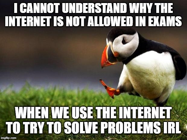 Someone explain why in this day and age this is a thing? | I CANNOT UNDERSTAND WHY THE INTERNET IS NOT ALLOWED IN EXAMS; WHEN WE USE THE INTERNET TO TRY TO SOLVE PROBLEMS IRL | image tagged in memes,unpopular opinion puffin,school,internet,exams,irl | made w/ Imgflip meme maker