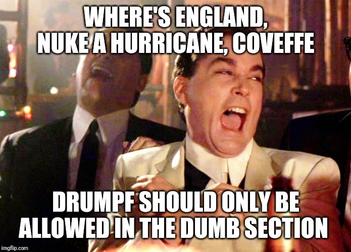 Good Fellas Hilarious Meme | WHERE'S ENGLAND, NUKE A HURRICANE, COVEFFE; DRUMPF SHOULD ONLY BE ALLOWED IN THE DUMB SECTION | image tagged in memes,good fellas hilarious | made w/ Imgflip meme maker