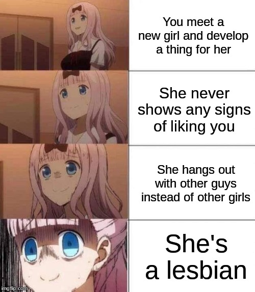 Every Straight Male Weeb Ever Be Like | You meet a new girl and develop a thing for her; She never shows any signs of liking you; She hangs out with other guys instead of other girls; She's a lesbian | image tagged in chika template,anime,memes,lesbian,girl problems,crush | made w/ Imgflip meme maker