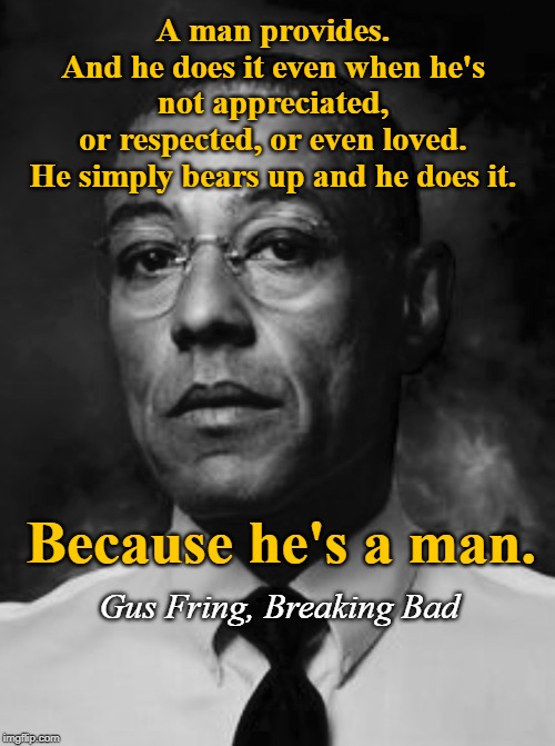 A Man Provides | A man provides.
And he does it even when he's
not appreciated, or respected, or even loved.
He simply bears up and he does it. Because he's a man. Gus Fring, Breaking Bad | image tagged in gus fring,breaking bad,inspirational quote,marriage,words of wisdom,so true memes | made w/ Imgflip meme maker