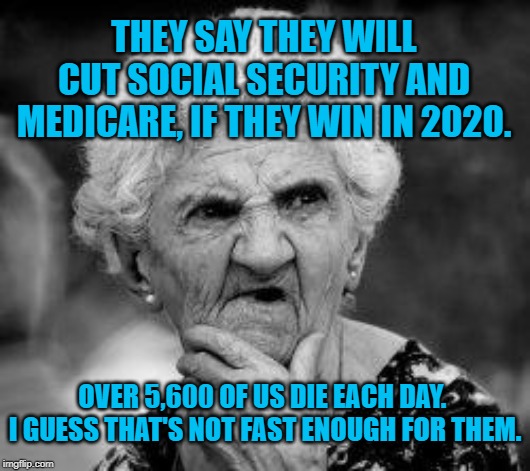 confused old lady | THEY SAY THEY WILL CUT SOCIAL SECURITY AND MEDICARE, IF THEY WIN IN 2020. OVER 5,600 OF US DIE EACH DAY.  I GUESS THAT'S NOT FAST ENOUGH FOR THEM. | image tagged in confused old lady | made w/ Imgflip meme maker