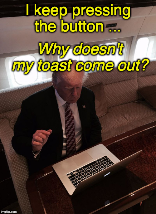 Donald trump typing | I keep pressing the button ... Why doesn't my toast come out? | image tagged in donald trump typing | made w/ Imgflip meme maker