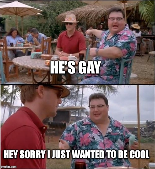 See Nobody Cares | HE’S GAY; HEY SORRY I JUST WANTED TO BE COOL | image tagged in memes,see nobody cares | made w/ Imgflip meme maker