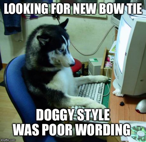 I Have No Idea What I Am Doing | LOOKING FOR NEW BOW TIE; DOGGY STYLE WAS POOR WORDING | image tagged in memes,i have no idea what i am doing | made w/ Imgflip meme maker